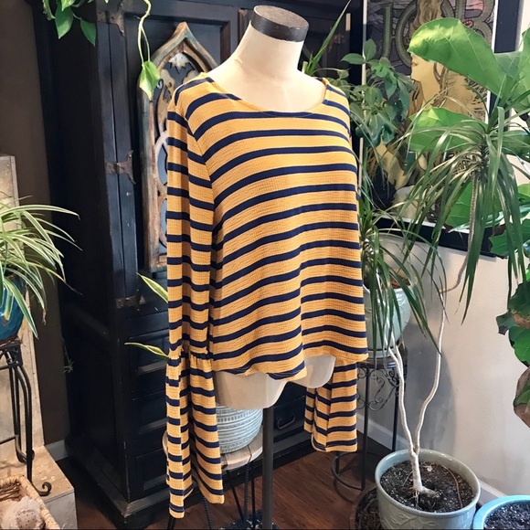 Loveriche mustard & navy strip bell sleeve top - Picture 6 of 8